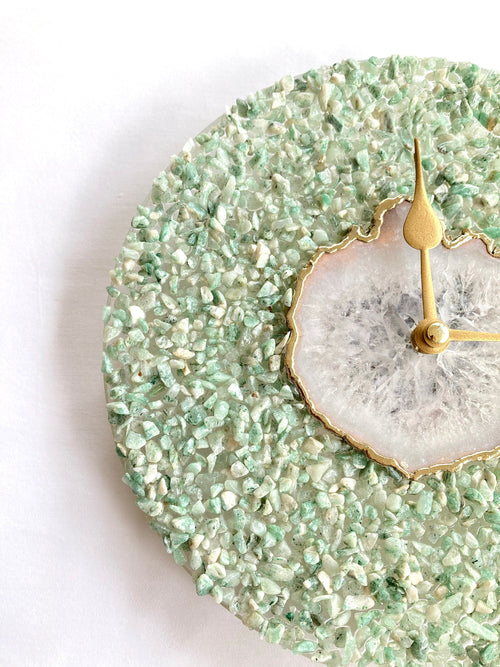 10" Diameter Large Light Green Crystal With White Agate Wall Clock